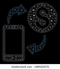 Glossy mesh mobile banking with glare effect. Abstract illuminated model of mobile banking icon. Shiny wire frame polygonal mesh mobile banking. Vector abstraction on a black background.