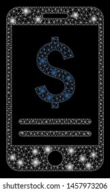 Glossy mesh mobile banking with glitter effect. Abstract illuminated model of mobile banking icon. Shiny wire frame polygonal mesh mobile banking. Vector abstraction on a black background.