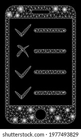 Glossy mesh mobile checklist with sparkle effect. Abstract illuminated model of mobile checklist icon. Shiny wire frame polygonal mesh mobile checklist. Vector abstraction on a black background.