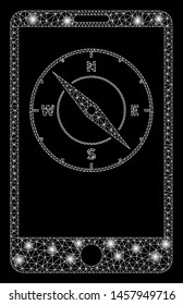 Glossy mesh mobile compass with glow effect. Abstract illuminated model of mobile compass icon. Shiny wire carcass triangular mesh mobile compass. Vector abstraction on a black background.