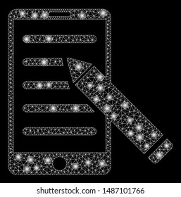 Glossy mesh mobile edit pencil with glare effect. Abstract illuminated model of mobile edit pencil icon. Shiny wire frame triangular mesh mobile edit pencil. Vector abstraction on a black background.