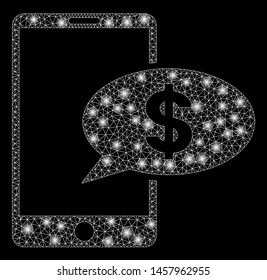 Glossy mesh mobile financial message with glitter effect. Abstract illuminated model of mobile financial message icon. Shiny wire frame polygonal mesh mobile financial message.