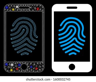 Glossy mesh mobile fingerprint authorization icon with glow effect. Abstract illuminated model of mobile fingerprint authorization.