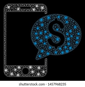 Glossy mesh mobile money message with glow effect. Abstract illuminated model of mobile money message icon. Shiny wire carcass polygonal mesh mobile money message.