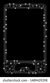 Glossy mesh mobile phone with glitter effect. Abstract illuminated model of mobile phone icon. Shiny wire carcass triangular mesh mobile phone. Vector abstraction on a black background.