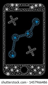 Glossy mesh mobile route map with glare effect. Abstract illuminated model of mobile route map icon. Shiny wire frame triangular mesh mobile route map. Vector abstraction on a black background.