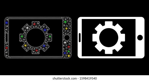 Glossy mesh mobile settings gear icon with glitter effect. Abstract illuminated model of mobile settings gear. Shiny wire carcass triangular network mobile settings gear icon.