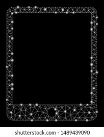 Glossy mesh mobile tablet with sparkle effect. Abstract illuminated model of mobile tablet icon. Shiny wire frame triangular mesh mobile tablet. Vector abstraction on a black background.