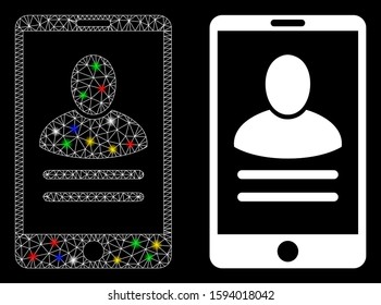 Glossy mesh mobile user properties icon with lightspot effect. Abstract illuminated model of mobile user properties. Shiny wire carcass polygonal mesh mobile user properties icon.