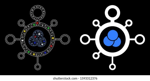Glossy mesh molecule icon with glare effect. Abstract illuminated model of molecule. Shiny wire frame triangular mesh molecule icon. Vector abstraction on a black background.