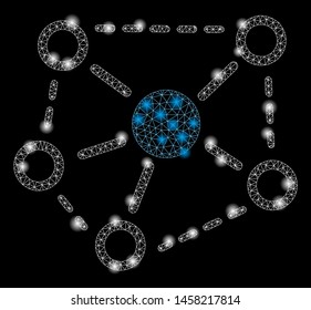 Glossy mesh molecule links with glow effect. Abstract illuminated model of molecule links icon. Shiny wire carcass triangular mesh molecule links. Vector abstraction on a black background.