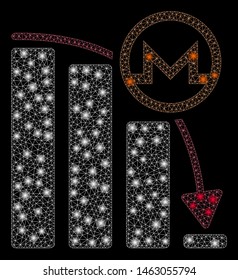 Glossy mesh Monero falling acceleration graph with glitter effect. Abstract illuminated model of Monero falling acceleration graph icon.