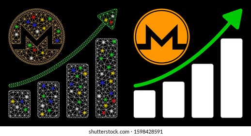 Glossy mesh Monero growth graph icon with glare effect. Abstract illuminated model of Monero growth graph. Shiny wire carcass triangular mesh Monero growth graph icon.