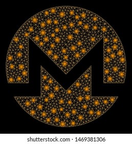 Glossy mesh Monero with sparkle effect. Abstract illuminated model of Monero icon. Shiny wire carcass triangular mesh Monero. Vector abstraction on a black background.