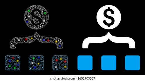 Glossy mesh money aggregator icon with glare effect. Abstract illuminated model of money aggregator. Shiny wire frame polygonal mesh money aggregator icon. Vector abstraction on a black background.