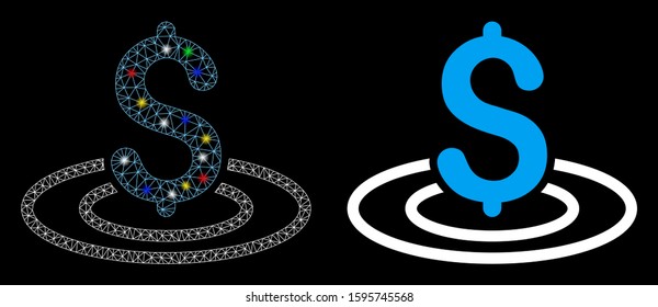 Glossy mesh money area icon with glitter effect. Abstract illuminated model of money area. Shiny wire frame polygonal network money area icon. Vector abstraction on a black background.
