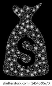 Glossy mesh money bag with sparkle effect. Abstract illuminated model of money bag icon. Shiny wire carcass polygonal mesh money bag. Vector abstraction on a black background.