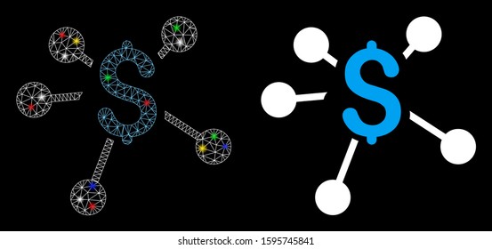 Glossy mesh money distribution icon with sparkle effect. Abstract illuminated model of money distribution. Shiny wire frame triangular network money distribution icon.