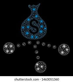Glossy mesh money distribution with sparkle effect. Abstract illuminated model of money distribution icon. Shiny wire frame polygonal mesh money distribution. Vector abstraction on a black background.