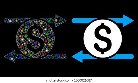 Glossy mesh money exchange icon with glare effect. Abstract illuminated model of money exchange. Shiny wire frame triangular mesh money exchange icon. Vector abstraction on a black background.