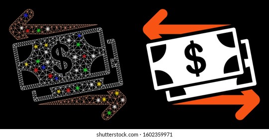 Glossy mesh money exchange icon with sparkle effect. Abstract illuminated model of money exchange. Shiny wire frame triangular network money exchange icon. Vector abstraction on a black background.