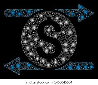 Glossy mesh money exchange with sparkle effect. Abstract illuminated model of money exchange icon. Shiny wire frame triangular mesh money exchange. Vector abstraction on a black background.