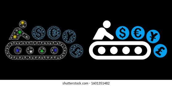 Glossy mesh money factory icon with glitter effect. Abstract illuminated model of money factory. Shiny wire carcass triangular network money factory icon. Vector abstraction on a black background.