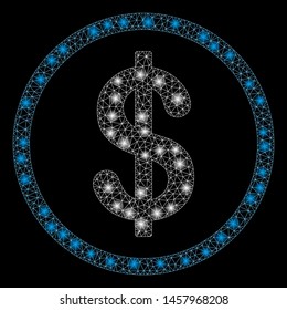 Glossy mesh money with glare effect. Abstract illuminated model of money icon. Shiny wire frame polygonal mesh money. Vector abstraction on a black background.