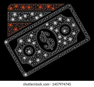 Glossy mesh money with glitter effect. Abstract illuminated model of money icon. Shiny wire frame polygonal mesh money. Vector abstraction on a black background.