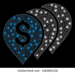 Glossy mesh money map pointers with glare effect. Abstract illuminated model of money map pointers icon. Shiny wire frame triangular network money map pointers.