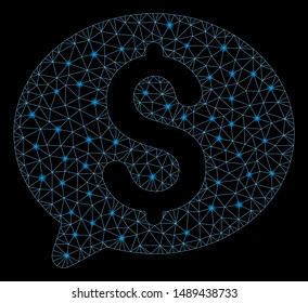 Glossy mesh money message with glare effect. Abstract illuminated model of money message icon. Shiny wire carcass triangular mesh money message. Vector abstraction on a black background.