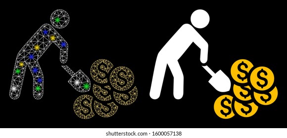 Glossy mesh money mining icon with sparkle effect. Abstract illuminated model of money mining. Shiny wire frame polygonal network money mining icon. Vector abstraction on a black background.