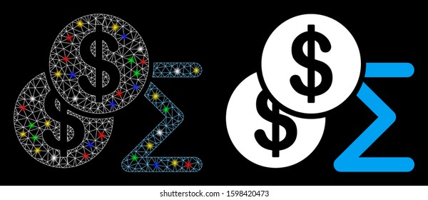 Glossy mesh money summary icon with glow effect. Abstract illuminated model of money summary. Shiny wire carcass triangular network money summary icon. Vector abstraction on a black background.