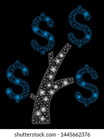 Glossy mesh money tree with glare effect. Abstract illuminated model of money tree icon. Shiny wire frame polygonal mesh money tree. Vector abstraction on a black background.