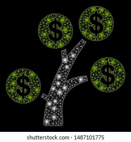 Glossy mesh money tree with glare effect. Abstract illuminated model of money tree icon. Shiny wire carcass triangular mesh money tree. Vector abstraction on a black background.