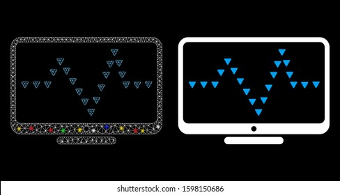 Glossy mesh monitor dotted pulse icon with glare effect. Abstract illuminated model of monitor dotted pulse. Shiny wire frame triangular mesh monitor dotted pulse icon.