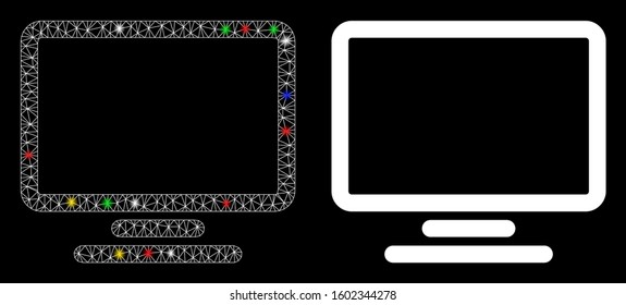 Glossy mesh monitor icon with glare effect. Abstract illuminated model of monitor. Shiny wire frame polygonal mesh monitor icon. Vector abstraction on a black background.