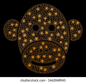 Glossy mesh monkey face with lightspot effect. Abstract illuminated model of monkey face icon. Shiny wire frame polygonal mesh monkey face. Vector abstraction on a black background.