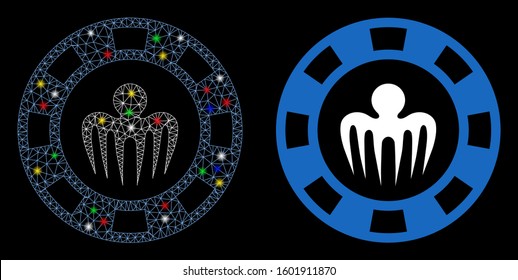 Glossy mesh monster casino chip icon with glitter effect. Abstract illuminated model of monster casino chip. Shiny wire carcass triangular mesh monster casino chip icon.