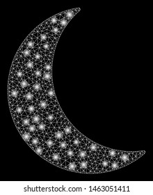Glossy mesh moon with glow effect. Abstract illuminated model of moon icon. Shiny wire frame polygonal mesh moon. Vector abstraction on a black background.