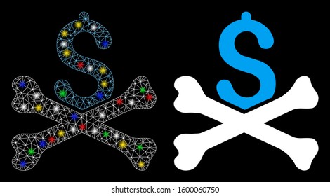 Glossy mesh mortal debt icon with lightspot effect. Abstract illuminated model of mortal debt. Shiny wire carcass polygonal mesh mortal debt icon. Vector abstraction on a black background.