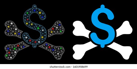 Glossy mesh mortal debt icon with glow effect. Abstract illuminated model of mortal debt. Shiny wire carcass polygonal network mortal debt icon. Vector abstraction on a black background.