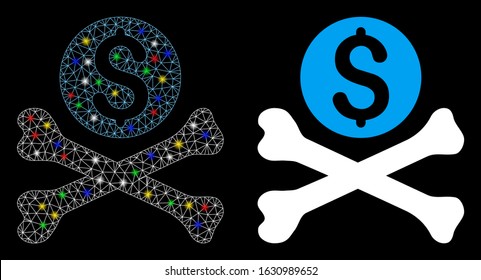 Glossy mesh mortal debt icon with glare effect. Abstract illuminated model of mortal debt. Shiny wire frame polygonal mesh mortal debt icon. Vector abstraction on a black background.