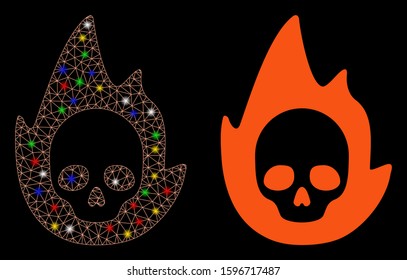 Glossy mesh mortal flame icon with glare effect. Abstract illuminated model of mortal flame. Shiny wire carcass triangular mesh mortal flame icon. Vector abstraction on a black background.