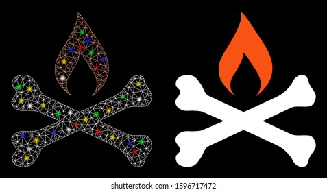 Glossy mesh mortal ignition icon with glare effect. Abstract illuminated model of mortal ignition. Shiny wire carcass triangular mesh mortal ignition icon. Vector abstraction on a black background.