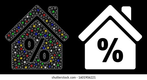 Glossy mesh mortgage discount icon with glow effect. Abstract illuminated model of mortgage discount. Shiny wire carcass polygonal mesh mortgage discount icon.