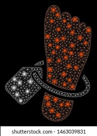 Glossy mesh mortuary tag with lightspot effect. Abstract illuminated model of mortuary tag icon. Shiny wire carcass triangular mesh mortuary tag. Vector abstraction on a black background.