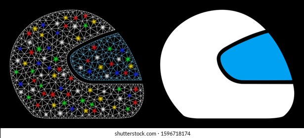 Glossy mesh motorcycle helmet icon with sparkle effect. Abstract illuminated model of motorcycle helmet. Shiny wire frame polygonal network motorcycle helmet icon.