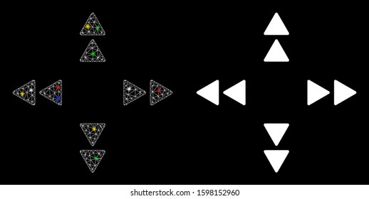 Glossy mesh move out triangles icon with sparkle effect. Abstract illuminated model of move out triangles. Shiny wire frame triangular mesh move out triangles icon.
