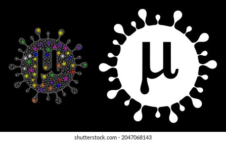 Glossy mesh Mu covid virus glare icon with light spots. Illuminated vector model is created from Mu covid virus icon. Sparkle frame mesh Mu covid virus on a black background.